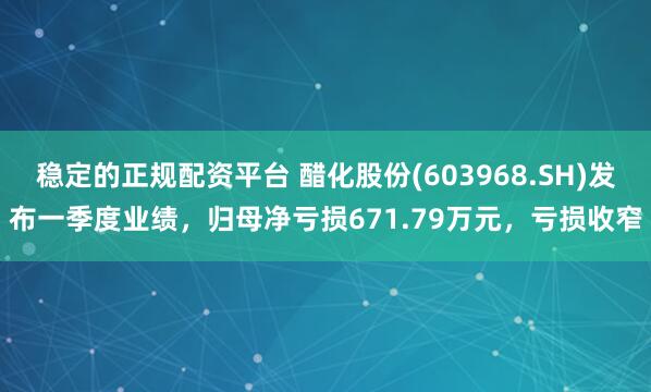 稳定的正规配资平台 醋化股份(603968.SH)发布一季度业绩，归母净亏损671.79万元，亏损收窄