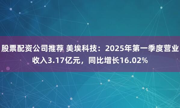 股票配资公司推荐 美埃科技：2025年第一季度营业收入3.17亿元，同比增长16.02%